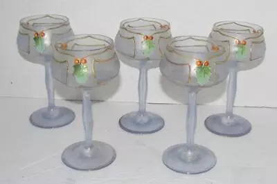 Buy 5 Antique Christmas  Satin Holly Enameled Wine Glasses Art Noveau   Bohemian? • 33.21£