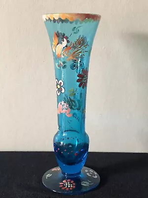 Buy Vintage Blue Glass Vase-Hand Painted Decoration-Birds & Flowers • 10£