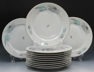 Buy Set Of 12 Thomas Germany Porcelain Dinner Plates 4705 Aqua Gray Black Flowers • 89.77£