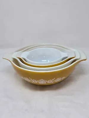 Buy Vintage Pyrex Cinderella Nesting Bowls 441 442 443 444 Set Of 4 Butterfly Gold • 89.99£