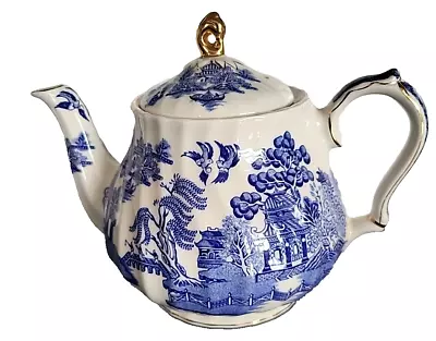 Buy Vintage Sadler England Blue White Gold Willow Chinoiserie Globe Teapot • 13£