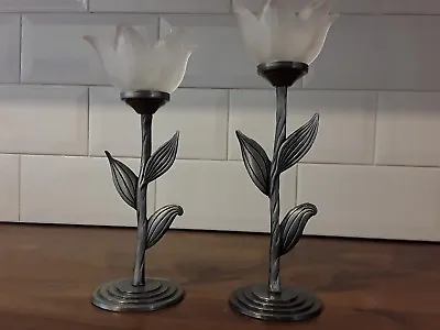 Buy Set Of 2 Silver/pewter Colour And Frosted Glass Candle Holders • 16.95£