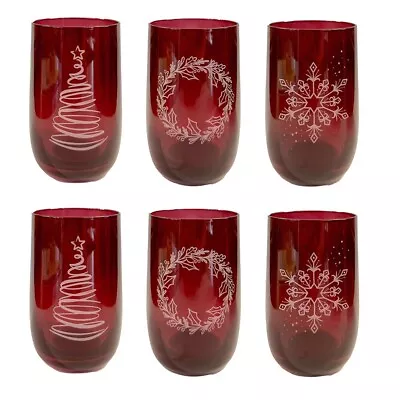 Buy Dartington Red Crystal Christmas Design Etched Highball Glasses Tumbler Set Of 6 • 23£