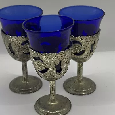 Buy 3 Cobalt Blue Glass Art Deco Base Silver Plate Cordial Glasses 3.5” Japan • 9.73£
