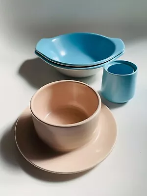 Buy Poole Pottery Twin Tone Bundle, Blue Grey Handled Bowls, Egg Cup & Butter Dish • 22.99£