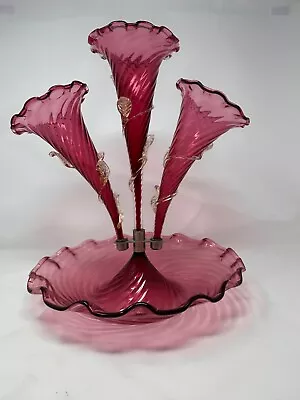 Buy Fabulous Antique Victorian Cranberry Swirl Art Glass 3 Horn Epergne W/ Gold Dust • 280.79£