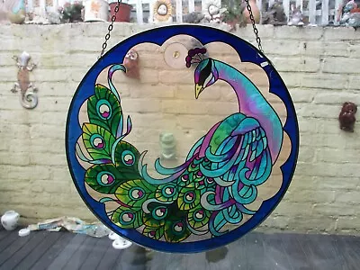 Buy Stained Glass Peacock Round Hanging Window Suncatcher • 1.99£