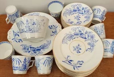Buy Antique Blue White TEA SERVICE Set Willow Pagoda Blossom Old Staffordshire China • 68£