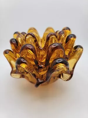 Buy 3 Vtg Amber Hand Blown Art Glass Nesting Bowls Pulled Edge Candy Trinket Dish • 47.35£
