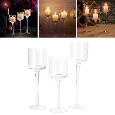 Buy Set Of 3 Tall Clear Glass Tea Light Candle Holders Wedding Tealight Candlestick • 12.94£
