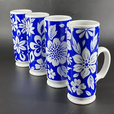 Buy Irish Coffee Cups Mugs Cobalt Blue White Floral Boho Tiki Cocktail Vintage Set 4 • 31.79£