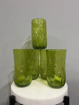 Buy Set Of 5 Vintage Blenko Green Pinched Dimple Crackle Glass Drinking Tumblers 6” • 165.95£