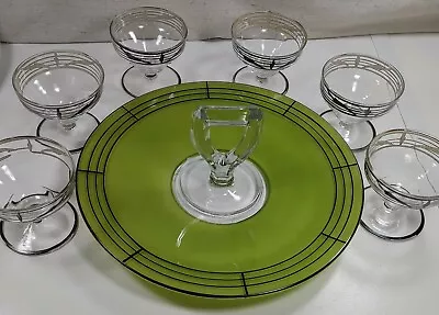 Buy Art Deco Painted Green Tray Glass Cookie Appetizers Cupcake Sterling Silver Set • 48.92£