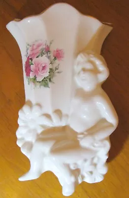 Buy White Floral Vase With Cupid Wall Pocket Maryleigh Pottery England  7'' • 11.56£