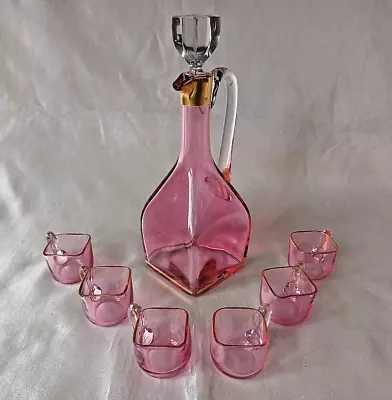 Buy Bohemian Moser Cranberry/Clear Overlay Glass Cordial Decanter + 6 Glasses C1960 • 85£