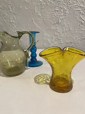 Buy MCM Amber Crackle Glass Vase Vintage 4” Blenko Or Blenko Adjacent Mouth Blown • 29.73£