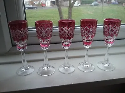 Buy 5 X Cranberry Cut To Clear Crystal Liquor Glass Style Of John Walsh Antique • 100£