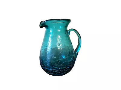 Buy Vintage BLUE TEAL Glass Pitcher Or Vase / Handblown Handmade Crackle Glass / 4  • 14.45£