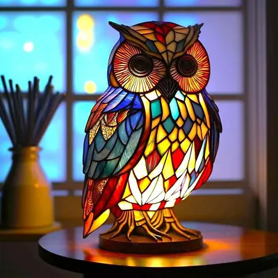 Buy Retro Table Light Resin Stained Glass Bedside Light Home Ornament (Owl) • 13.19£