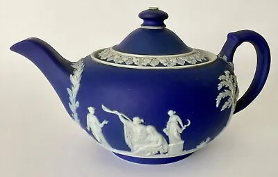 Buy Antique Wedgwood Dark Blue Jasperware Teapot Stapled Repair • 28£