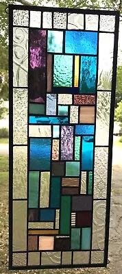 Buy GEOMETRIC  STYLE   23-1/2  X 10   Real Stained Glass Window Panel Hangs Two Ways • 174.82£