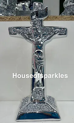 Buy Xl Crushed Diamond Silver Crystal Bling Christ Jesus On Cross, ( 34cm) ✨ • 24.99£