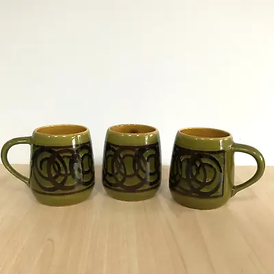 Buy Vintage Brixham Pottery Swirl Mugs Set Of 3 Devon Studio Green Glaze 9cm Tall • 23.95£