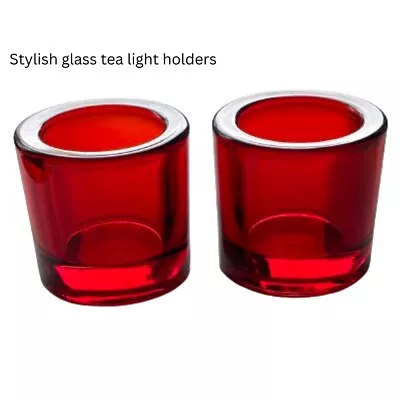 Buy Pair Of Red Glass Tea Light Holders, Set, Stylish, Decorative Tea Light Candle • 11.55£