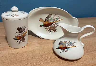 Buy Vintage Rare Axe Vale Pottery Pheasant Design Trio Of Plate, Jug & Jar • 10£