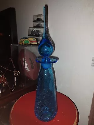 Buy Vintage Aqua Blue Crackle Glass Vase Tall W/ Wide Lip Handblown Art Glass 15  T • 71.04£