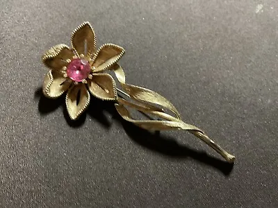 Buy Vintage Pink Rhinestone Flower And Stem Large Metal Gold Tone Pin • 24.01£