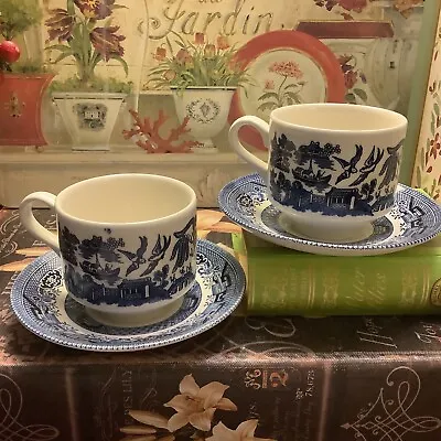 Buy (2) Churchill~Full Size Cup & Saucers~”BLUE WILLOW”~Blue/White~England~FREE SHIP • 27.50£