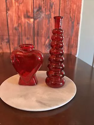Buy Vintage Ruby Red Crackle Glass Heart Vase & Bubble Mint Mid Century Modern 2 • 31.64£