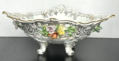Buy Antique Dresden Carl Theime Reticulated Oval Footed Bowl Applied Flowers 10.5 X8 • 189.02£