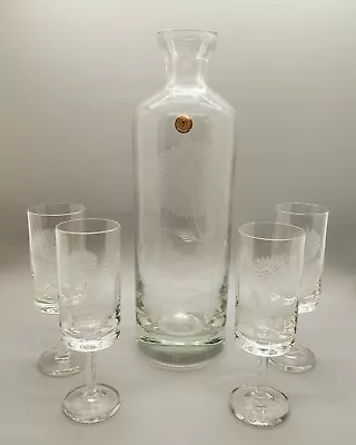 Buy Etched Glass Port Wine Decanter And Glasses (4) Made In Romania *No Stopper* EUC • 28.72£