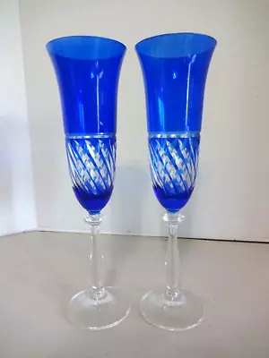 Buy Bohemian Crystal Blue Cut To Clear Champagne Flute Glass 2 Pc • 28.35£