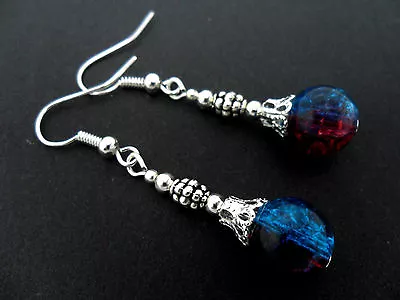 Buy A Pair Of Tibetan Silver Red/blue Crackle Glass Bead Dangly Earrings. New. • 2.99£