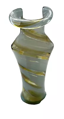Buy Vintage Vase Glass Art Hand Blown Diagonal Stripes Opalescent Scalloped Swirl • 37.79£