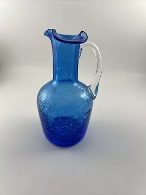 Buy Small Blue Crackle Glass Vase With Clear Glass Handle Hand Blown • 11.38£