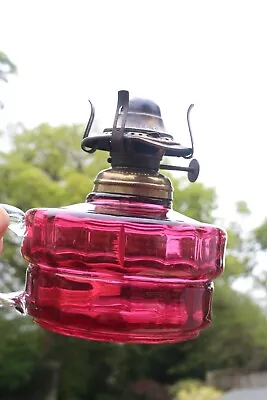Buy Vintage Antique Cranberry Glass Oil Burning Finger Lamp Font + Original Funnel • 19.95£