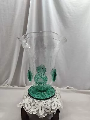 Buy Blenko Crackle Glass Hand Blown Vase With Applied Teal Medallion Rosette Flowers • 33.69£
