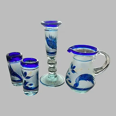 Buy Vintage Mexican Blown Glassware Pitcher Creamer Candlestick Blue Cobalt Trim • 61.53£