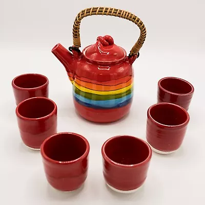 Buy Vintage 7 Piece Rainbow Teapot And Cup Set Hand Thrown Pottery Rainbow Skies • 141.88£
