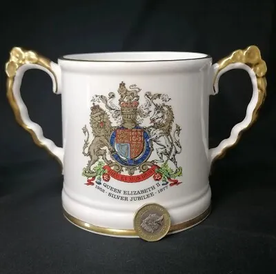 Buy Royal Stafford Bone China Queen Elizabeth II Silver Jubilee 2 Gold Handed Mug • 4.95£