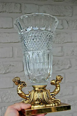 Buy Large Heavy Crystal Glass Clear Cut Vase Bronze Putti Angels Base  • 346.33£