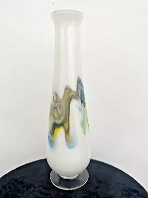 Buy Vintage Murano: Milk Glass With Blues & Yellows Swirl Footed Vase - Height 28cm • 22.99£