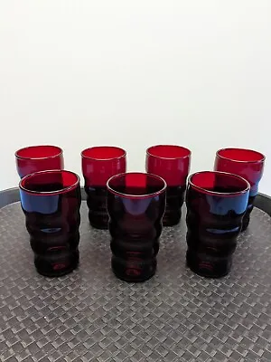 Buy 7x Vintage Anchor Hocking Ruby Red Ribbed Wavy Drinking Glasses Depression Glass • 20.87£