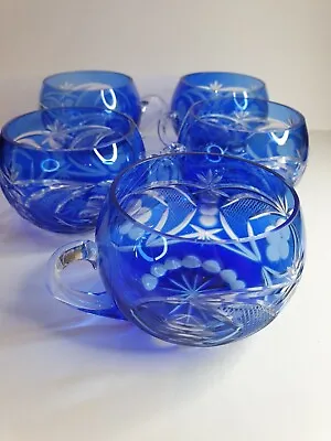 Buy Vintage Cobalt Blue Cut To Clear Bohemian Glass Cups Set Of 5 • 25£