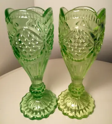 Buy 2x Antique- Uranium Glass Vase Goblets- Pressed Green Glass- Victorian RARE-GC • 85£