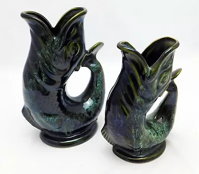 Buy Pair Of Fosters Studio Cornwall Gurgle Fish Jugs - Green Treacle Glaze. • 39.99£